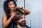 mature hipster with beard and moustache care his hair in barbershop, barber shop