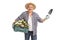 Mature horticulturist holding a rack of flowers