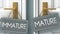 Mature or immature as a choice in life - pictured as words immature, mature on doors to show that immature and mature are