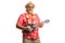Mature male tourist playing ukulele instrument