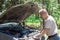 mature man bent over the open hood of a broken car. Repair and maintenance of transport