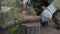 Mature man chopping wood on log outdoor. Close up of men\'s hands cutting wood with axe in garden.