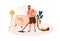 Mature man cleaning home. Person cleans carpet, floor with vacuum cleaner in living room interior. Male character during