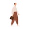 Mature man going to work, wearing pants and shirt, holding briefcase. Old-fashioned bald clerk walking with case. Flat