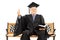 Mature man in graduation gown on bench giving a thumb up