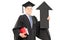 Mature man in graduation gown holding arrow pointing up
