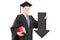 Mature man in graduation gown holding big black arrow pointing d