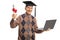 Mature man holding a graduation degree diploma and a laptop computer