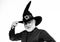 mature man magician in witch hat. bearded man ready for halloween party. evil wizard. Stargazer or astrologer. halloween