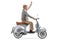 Mature man riding an old-fashioned scooter and holding his hand
