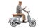 Mature man riding a vintage scooter and looking at his phone