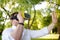 Mature man using virtual reality headset outdoor. VR, VR glasses, augmented reality experience