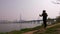 Mature men walk along Han River, Seoul panorama, Sauth Korea