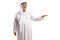 Mature muslim man in white dishdasha gesturing with hand