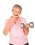 Mature older lady choosing diet or exercise