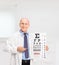 Mature optician holding an eye chart and pointing on it
