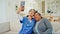Mature patient, caregiver and selfie of happy people post tongue out, kiss pucker or memory photo to social network