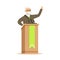 Mature politician standing behind rostrum and giving a speech, public speaker character vector Illustration