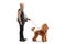 Mature punker standing with a red poodle on a leash