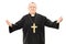 Mature reverend in black mantle with open hands