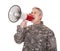 Mature Soldier Shouting Through Megaphone