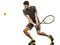 Mature tennis player man backhand isolated white background