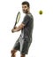 Mature tennis player man backhand isolated white background