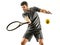 Mature tennis player man forehand front view isolated white background