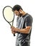 Mature tennis player man isolated white background