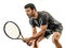 Mature tennis player man isolated white background