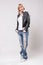 Mature woman 40s casual clothes jeans leather jacket