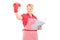 Mature woman with boxing glove holding a notebook