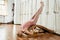 Mature woman doing Stretching Exercises On Yoga Backbend Bench in studio