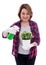 Mature woman gardener with potted plant and watering spray bottle isolated on white background