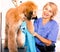 mature woman hairdresser wipes puppy of Afghan hound in hairdresser for dogs