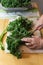 Mature woman`s hands cutting the tough spines from the center of