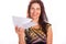 Mature woman showing three envelopes
