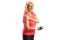 Mature woman in sportswear with painful shoulder holding a dumbbell