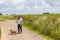 Mature woman walking with her short-haired brown dachshund, hiking trail between Dutch farmland meadows