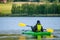 Mature women in green safety life jacket kayaking in green kayak, holding paddle from water. Rear photo on still water