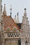 Matyas-templom or Matthias Church on Castle Hill, near Fisherman`s Bastion in Buda Castle District, roof, towers and raven