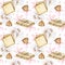 Matzah seamless pattern for the Jewish Passover, hand drawn watercolor square matzo with almond flowers, coconut cookies