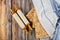 Matzah, tallit and torah on wooden background