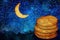 Matzah for yachatz jewish ritual under the starry night sky with crescent moon. Passover celebration