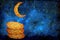 Matzah for yachatz jewish ritual under the starry night sky with crescent moon. Passover celebration