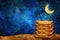 Matzah for yachatz jewish ritual under the starry night sky with crescent moon. Passover celebration