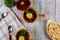 Matzo ball soup in ceramic bowls with lid