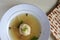 Matzo Ball Soup and Matzo bread served on Passover Jewish holiday - Above view
