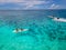 Mauritius vacation, couple man and woman in kayak in a bleu ocean in Mauritus