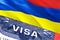 Mauritius Visa Document, with Mauritius flag in background. Mauritius flag with Close up text VISA on USA visa stamp in passport,